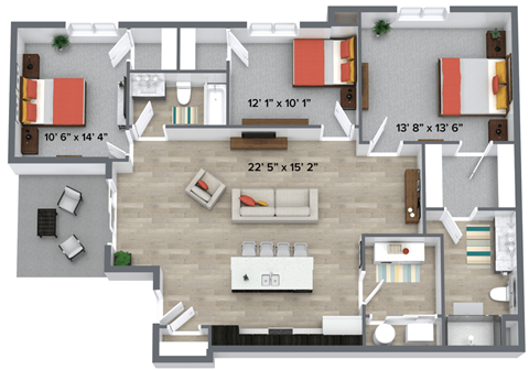a floor plan of a bedroom apartment with a living room and a dining room